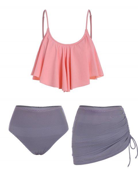 Beach Bathing Suit Flounce Striped Print Swimsuit Cinched Skirt Three Piece Tankini Swimwear