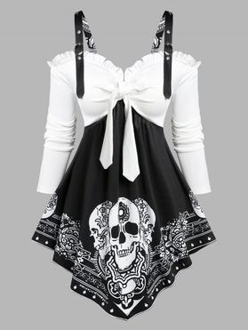 Gothic Skull Print Cold Shoulder Ruffled 2 In 1 Pointed Hem Long Sleeve T-shirt