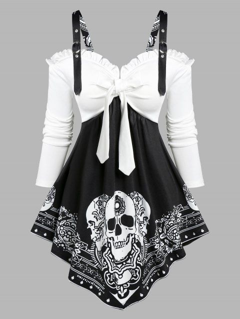 Gothic Faux Twinset T Shirt Skull Printed Bowknot Asymmetrical Hem Ruffle Cold Shoulder Tee