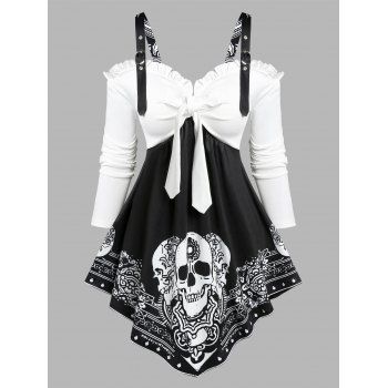 

Gothic Faux Twinset T Shirt Skull Printed Bowknot Asymmetrical Hem Ruffle Cold Shoulder Tee, Black