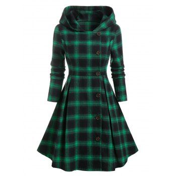

Hooded Single Breasted Plaid Skirted Coat, Deep green