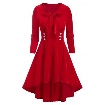 

Tie Knot Mock Button High Low Velour Dress, Red