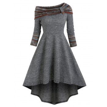 

Tribal Print Skew Neck High Low Midi Dress, Gray