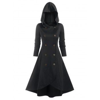 

Double Breasted Hooded High Low Coat, Black