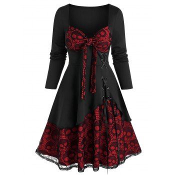 Skull Lace Panel Lace-up Twofer Dress, Black