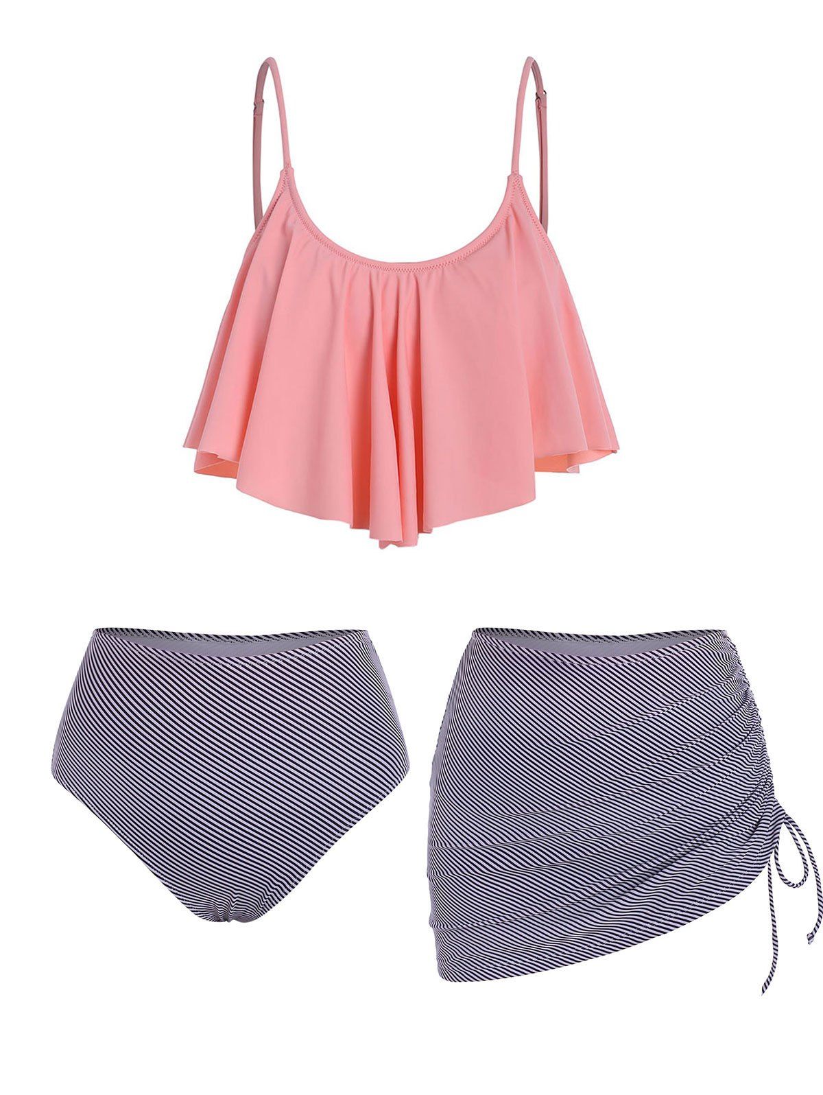 Beach Bathing Suit Flounce Striped Print Swimsuit Cinched Skirt Three Piece Tankini Swimwear - LIGHT PINK S