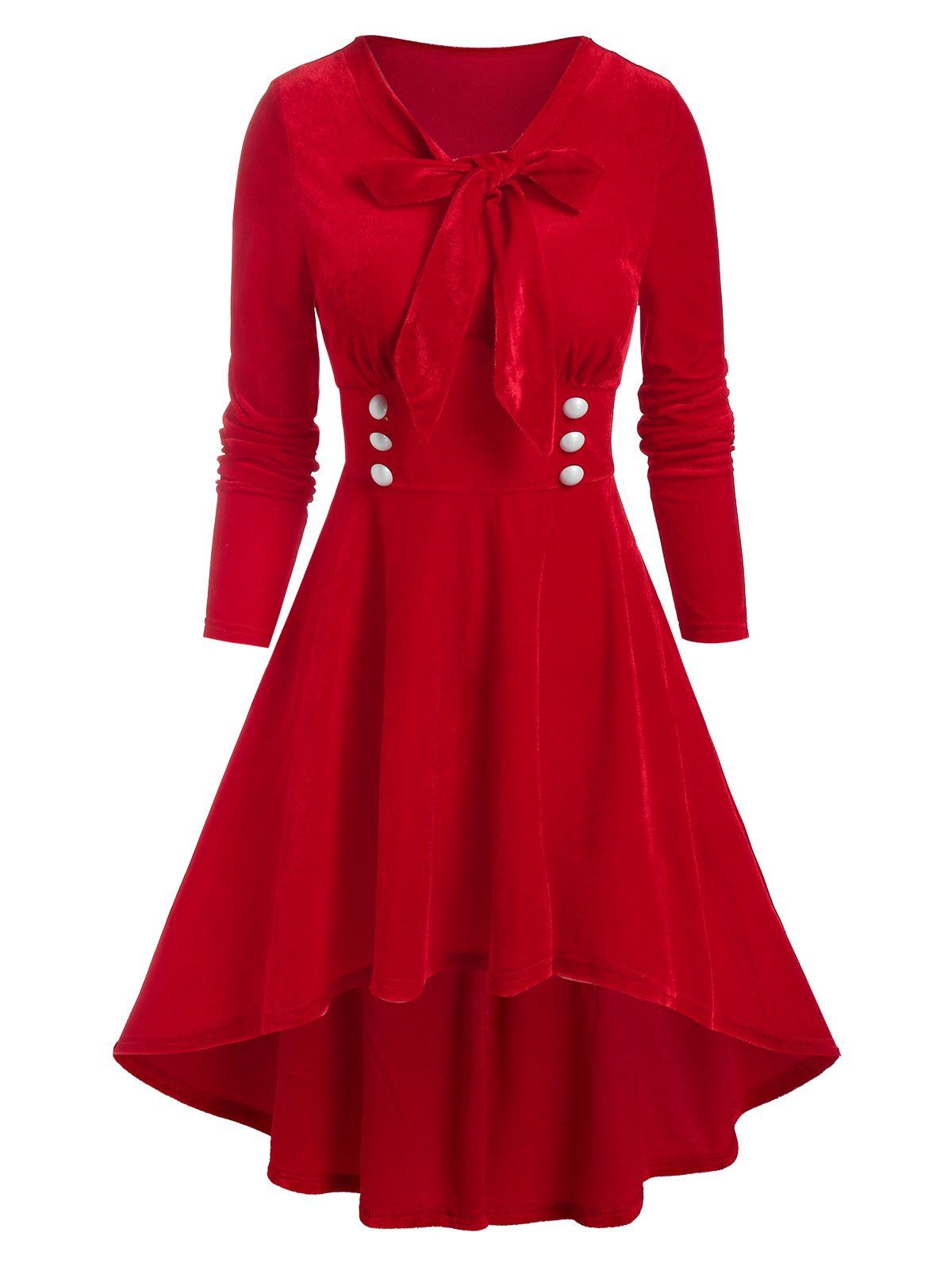 Tie Knot Mock Button High Low Velour Dress - RED XL