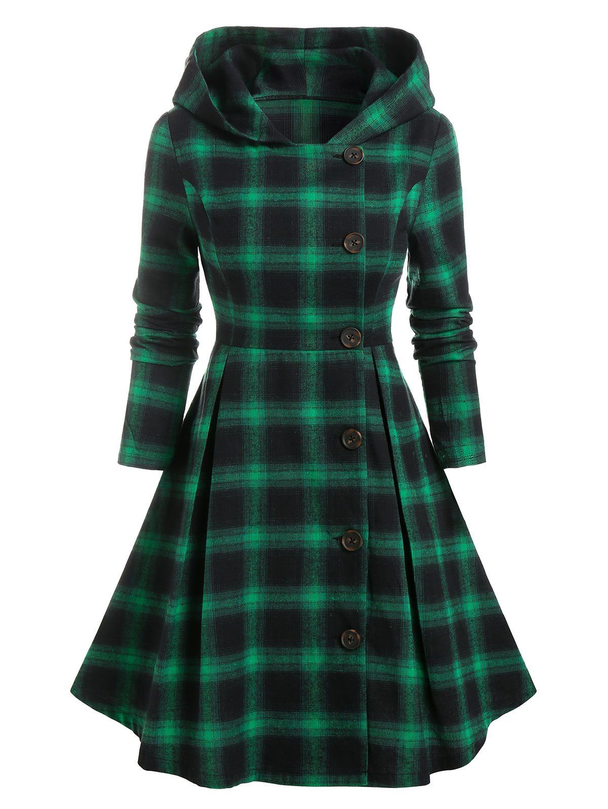 Hooded Single Breasted Plaid Skirted Coat - DEEP GREEN XL