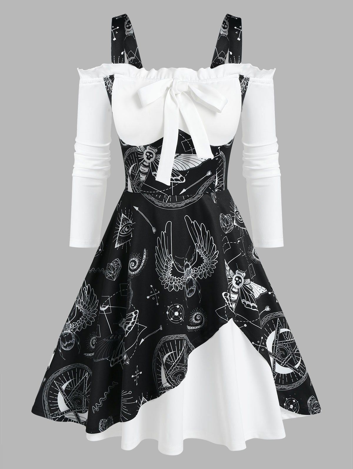 Moon Animals Print Cold Shoulder Faux Twinset Dress - BLACK XXL
