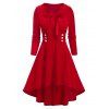 Tie Knot Mock Button High Low Velour Dress - RED M