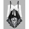 Gothic Skull Print Cold Shoulder Ruffled 2 In 1 Pointed Hem Long Sleeve T-shirt - BLACK L