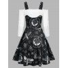 Moon Animals Print Cold Shoulder Faux Twinset Dress - BLACK XXL