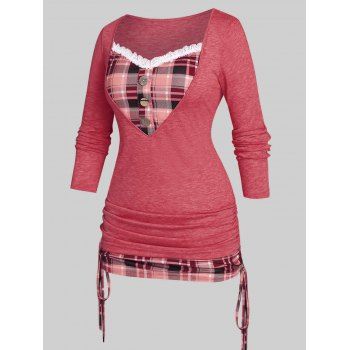 

Plus Size Plaid Cinched 2 in 1 T-shirt, Red