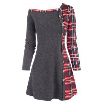 

Plaid Mock Button Longline T Shirt, Gray