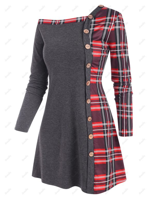 T-shirt Long à Carreaux avec Bouton - Gris M