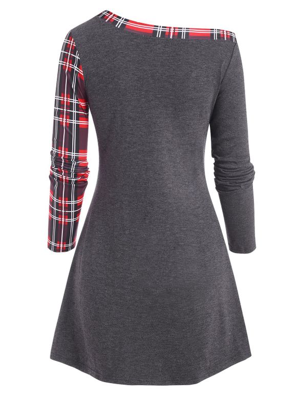 T-shirt Long à Carreaux avec Bouton - Gris M