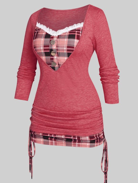 T-shirt Sanglé à Carreaux de Grande Taille 2 en 1 - Rouge 2X