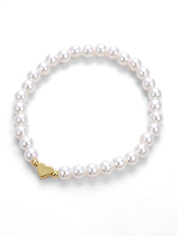 Bracelet Perlé Cœur en Métal avec Fausse Perle - Blanc 