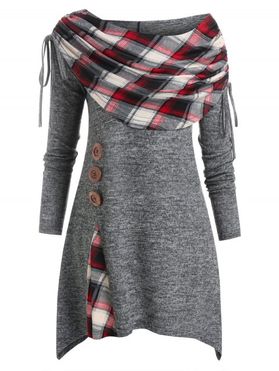 Plaid Print Cinched Mock Button Sweater