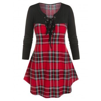 

Plus Size Plaid Lace Up T Shirt, Red
