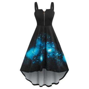 

High Low 3D Galaxy Print Midi Dress, Blue