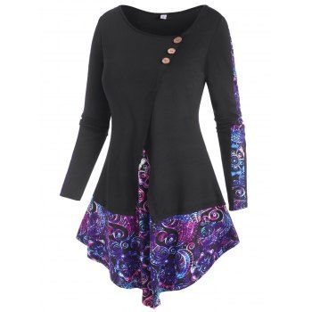 

Paisley Flower Print Mock Button Asymmetric T Shirt, Black