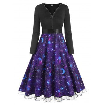 

Zipper Lace Insert Ombre Galaxy Dress, Black