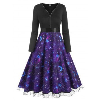 Zipper Lace Insert Ombre Galaxy Dress