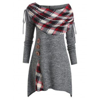 

Plaid Print Cinched Mock Button Sweater, Gray