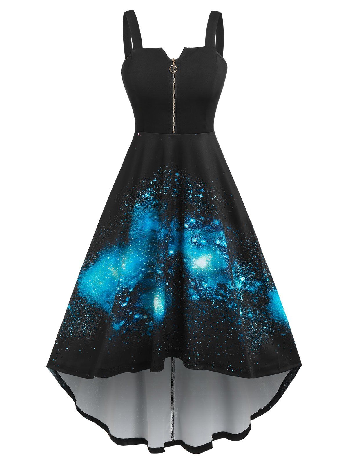 High Low Galaxy Midi Dress Front Zipper High Waist 3D Print Cami Dress - BLUE 3XL