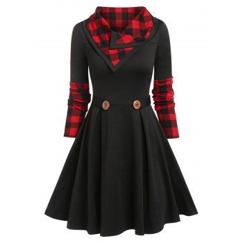 

Vintage Classic Plaid Contrast Long Sleeve A Line Dress, Black