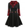 Robe Vintage à Carreaux Imprimée à Manches Longues en Ligne A - Noir XXXL