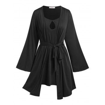 

Plus Size Keyhole Dress and Belted Robe Set, Black