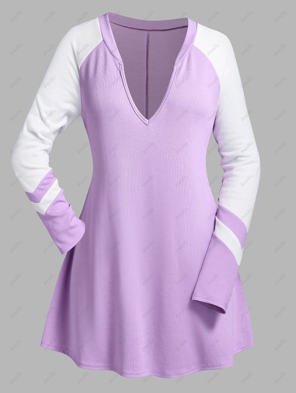T-shirt Bicolore Coupe Basse de Grande Taille à Manches Raglan - Violet clair 3X