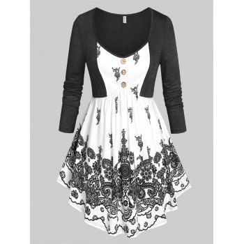 

Plus Size Retro Flower Print Skirted Jersey Tunic Tee, Black