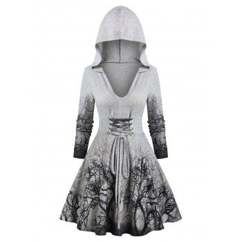 

Tree Branch Pattern Hooded Lace-up Sweater Dress, Gray