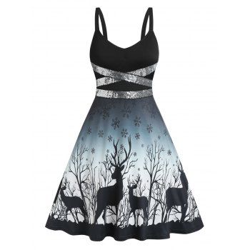 

Christmas Party Dress Snowflake Elk Print Sequined Dress, Black