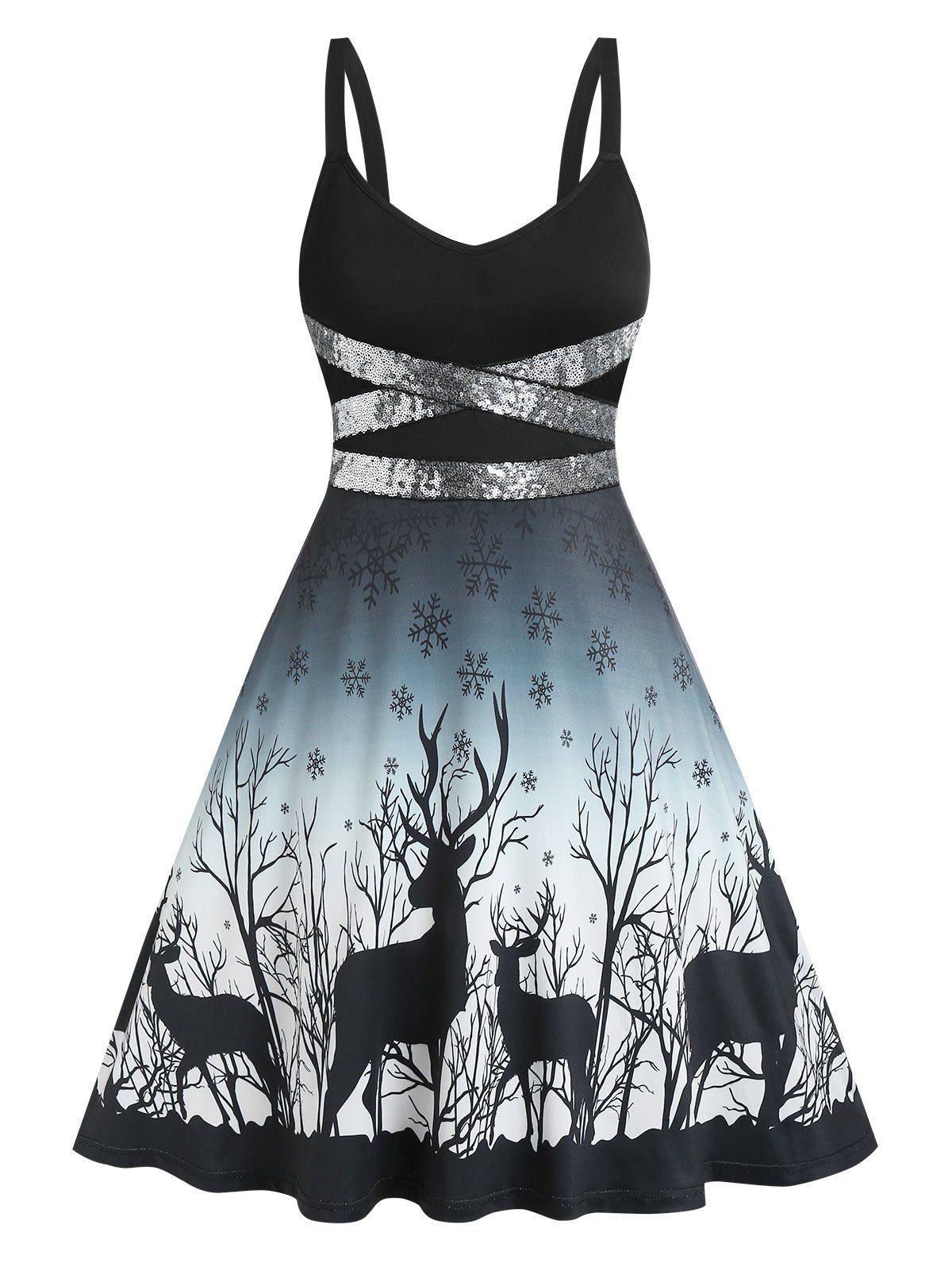 Christmas Party Dress Snowflake Elk Print Sequined Dress - BLACK XL