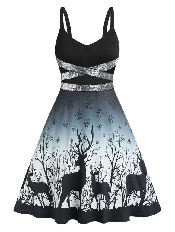 Christmas Party Dress Snowflake Elk Print Sequined Dress - BLACK M