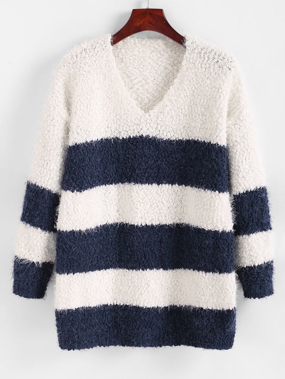 Pull Rayé Fourré Boucle à Goutte Epaule - Bleu profond L