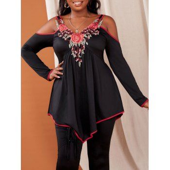 

Plus Size Cold Shoulder Floral Applique Irregular Tee, Black