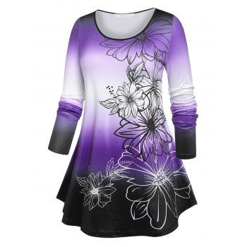 

Plus Size Floral Print Gradient Color T-shirt, Purple