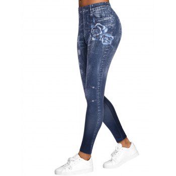 

3D Distressed Print Floral Jeggings, Deep blue