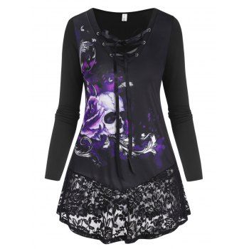 

Skull Flower Print Lace Insert Lace-up T Shirt, Black