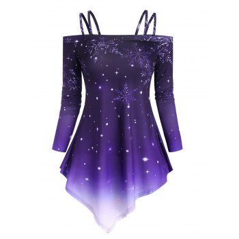 

Christmas Snowflake Polka Dot Open Shoulder Asymmetric T Shirt, Multicolor