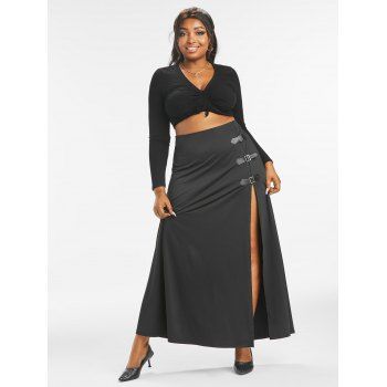 Buckled Straps Thigh Slit Ruched Plus Size Skirt