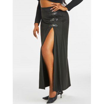 

Buckled Straps Thigh Slit Ruched Plus Size Skirt, Black