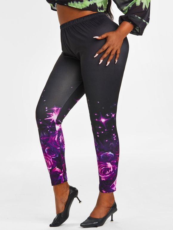 Legging à Imprimé Rose à Coupe Haute de Grande Taille - Noir 5X