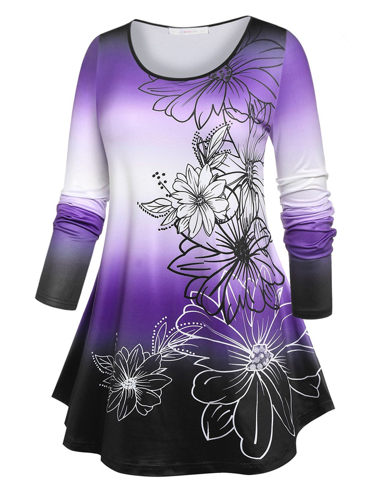 Plus Size Floral Print Gradient Color T-shirt - PURPLE 4X