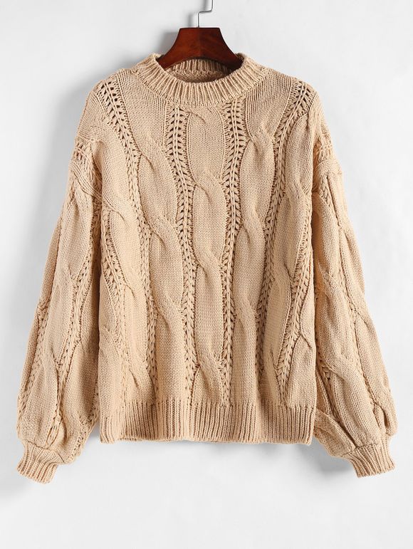 Pull en Tricot à Câble Manches Lanternes à Col Rond - café lumière ONE SIZE